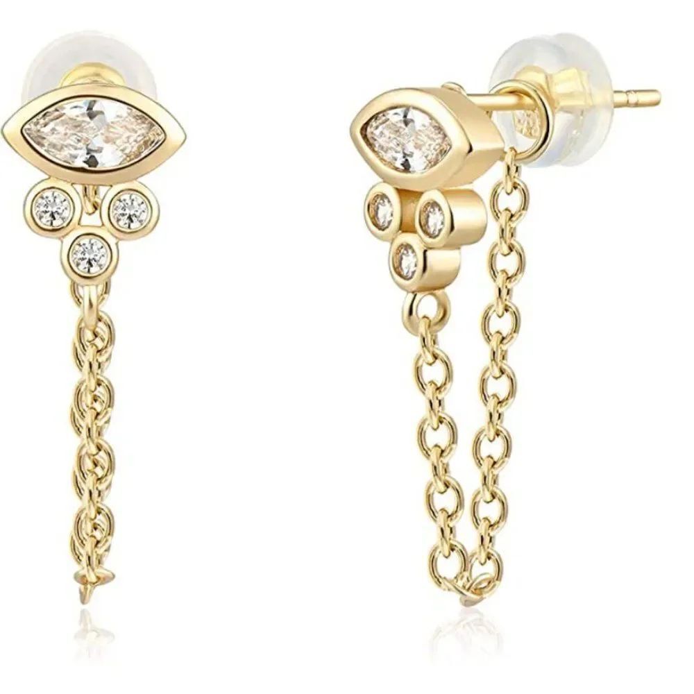Evil Eye Siren Studs with CZ Stones & Delicate Dangle Detail (24k Gold)